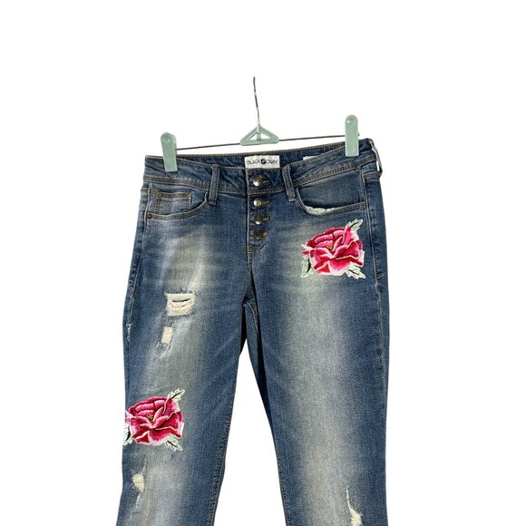 Black Daisy Jamie Relaxed Skinny Jeans Rose Embroidery Distressed Juniors 1/25 - Picture 2 of 8